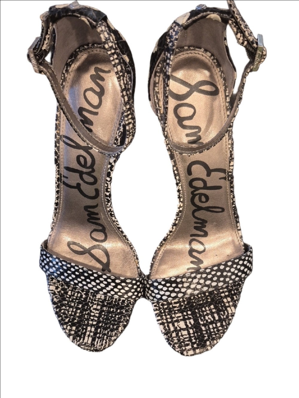 Sam Edelman Eleanor Black and White Patterned Ankle-Strap Stiletto Heels